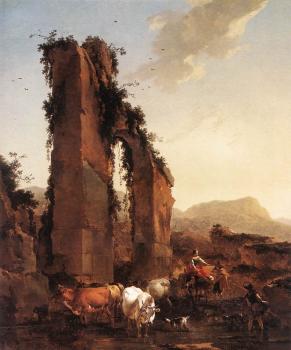 尼古拉 波桑 Peasants With Cattle By A Ruined Aqueduct